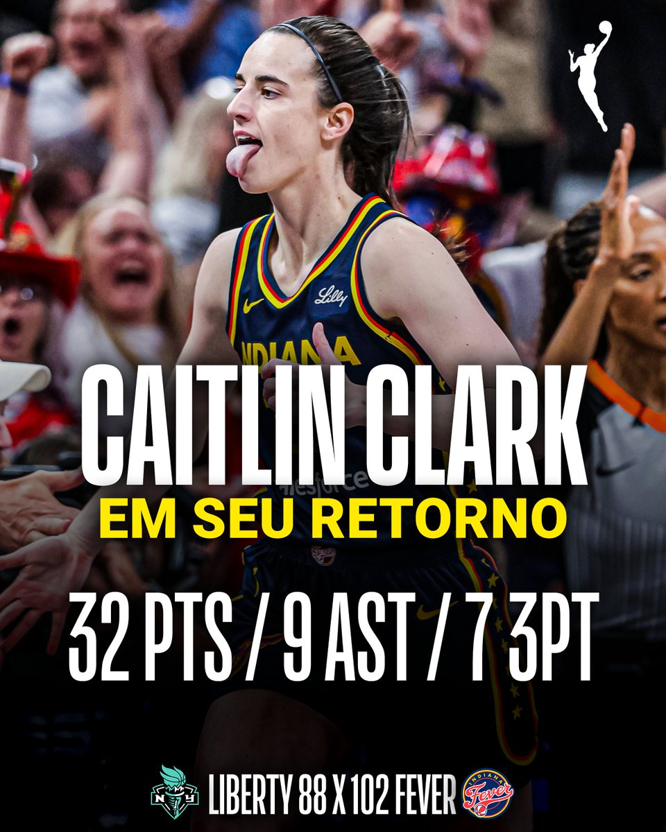 NBABrasil's tweet photo. ELA VOLTOU COM TUDO!🔥
Após perder algumas partidas por lesão, Caitlin Clark jogou DEMAIS em seu retorno, tirando a invencibilidade do atual campeão Liberty, nesta Temporada da #WNBA! 👏 #MMWNBA https://t.co/aqh4l2wrPO