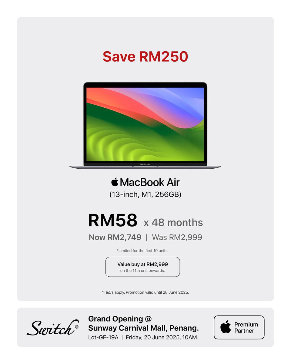 Join us as we unveil our newest Switch Apple Premium Partner store at Sunway Carnival Mall, Penang. Enjoy exclusive savings of up to RM850 on selected Apple products. 😉

Join us for the grand opening celebration:
📍 Sunway Carnival Mall, Lot-GF-19A
🗓 Friday, 20 June 2025, 10AM