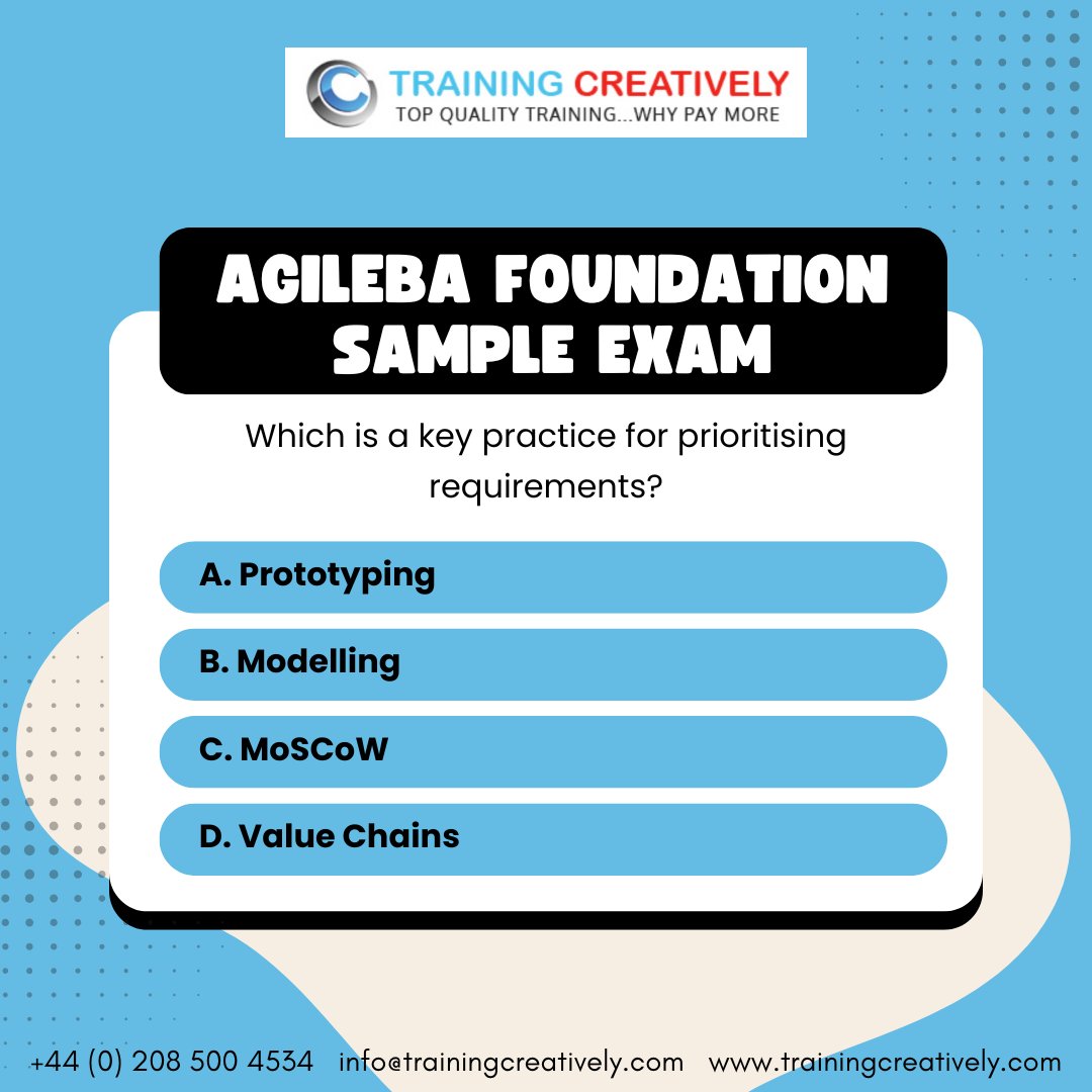 traincreatively's tweet image. 📘 AgileBA Foundation Sample Exam – Q&amp;amp;A Pair #2
Time for a brain boost! Here&apos;s your second AgileBA sample question of the day. 

#AgileBA #BusinessAnalysis #AgileBusinessAnalyst