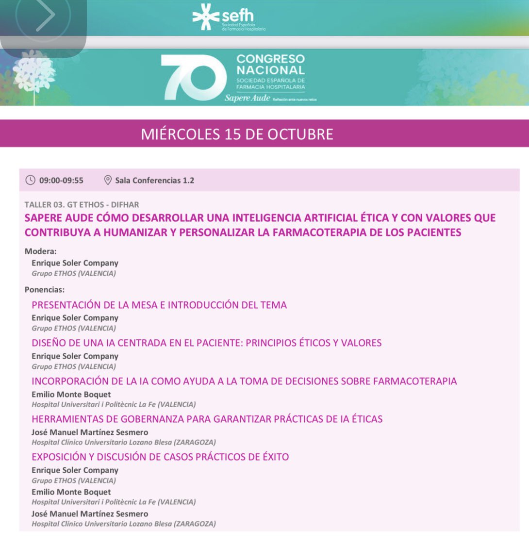 Grupo ETHOS de la SEFH (@ethos_sefh) on Twitter photo Si vas a asistir al <a href="/sefhcongreso/">70 Congreso SEFH</a> en Málaga, reserva tu plaza para participar en el taller: “Sapere Aude cómo desarrollar una IA ética y con valores que contribuya a humanizar y personalizar la farmacoterapia de los pacientes”. Si vas a asistir al <a href="/sefhcongreso/">70 Congreso SEFH</a> en Málaga, reserva tu plaza para participar en el taller: “Sapere Aude cómo desarrollar una IA ética y con valores que contribuya a humanizar y personalizar la farmacoterapia de los pacientes”.