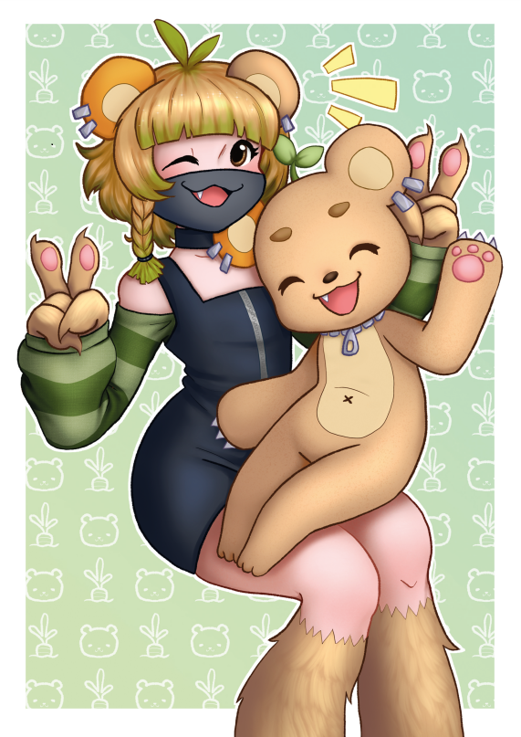 A drawing of the character Bhartleby (a bear with one orange ear and a plant on their head) showcased as two of their forms: one bear-like and one humanoid. Both smiling in the camera in front of a green background.