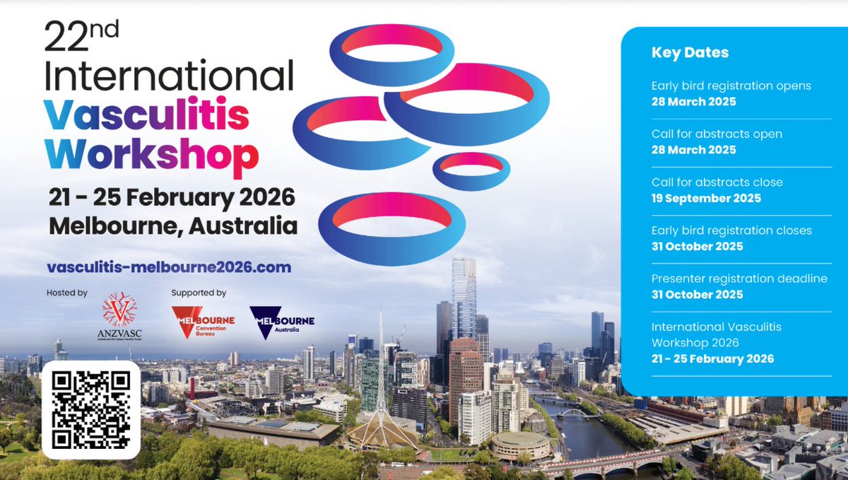 David Liew (@drdavidliew) on Twitter photo On behalf of <a href="/anzvasc/">ANZ Vasculitis Society, '26 Vasculitis Wkshop host</a>, I’d love to invite everyone at #EULAR2025 to join us at the International Vasculitis Workshop in Feb 2026, this year in my town: Melbourne, Australia.
It’ll be the middle of the northern winter but Australian summer, come! <a href="/RheumNow/">Dr. John Cush</a>
vasculitis-melbourne2026.com On behalf of <a href="/anzvasc/">ANZ Vasculitis Society, '26 Vasculitis Wkshop host</a>, I’d love to invite everyone at #EULAR2025 to join us at the International Vasculitis Workshop in Feb 2026, this year in my town: Melbourne, Australia.
It’ll be the middle of the northern winter but Australian summer, come! <a href="/RheumNow/">Dr. John Cush</a>
vasculitis-melbourne2026.com