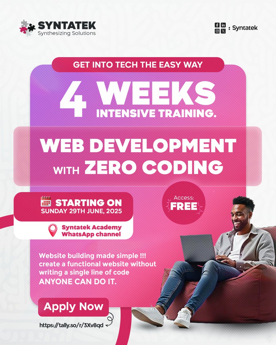 syntatek's tweet image. Tech doesn&apos;t have to be hard.

You just need the right roadmap—and a supportive tribe behind you.

We start tomorrow.

Join us → [ tally.so/r/3Xv8qd ]
#GetIntoTech #NoCode #WebDevForBeginners #Startups #LearnTech #BuildToWin #FutureFounders