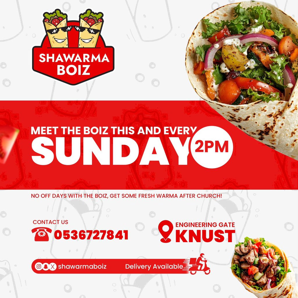 Today is Sunday and Father’s Day . Order shawarma for Daddy today . 

📍KNUST-ENGINEERING GATE (Kumasi). 
📍AYEDUASE NEWSITE( GLORY BE TO GOD HOSTEL)

📦🛵🏍️Delivery Available:0536727841. 

We are on HUBTEL , BOLT FODD, FLIP and UXIBOX as well