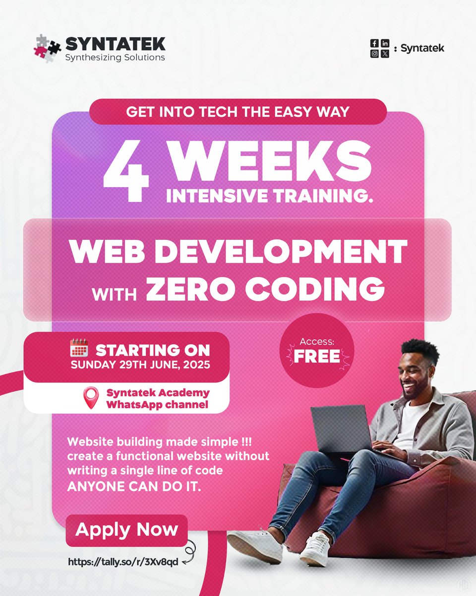 syntatek's tweet image. Tech doesn&apos;t have to be hard.

You just need the right roadmap—and a supportive tribe behind you.

We start tomorrow.

Join us → [ tally.so/r/3Xv8qd ]
#GetIntoTech #NoCode #WebDevForBeginners #Startups #LearnTech #BuildToWin #FutureFounders