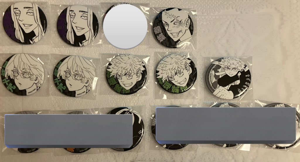 【交換譲渡】東京リベンジャーズ 新体験展 韓国 缶バッジ グリ缶

譲
★:場地
☆:大寿 乾
◎:半間
○:花垣 千咒 鶴蝶

求
グリ缶:蘭4
定価送料(韓国缶バ550円/1個)

譲渡条件
★は○倍数
☆は○同数
◎○は単体可

⚠️初回プロカ必読