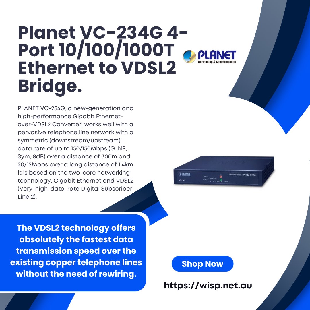 wispaustralia's tweet image. Meet the Planet VC‑234G—a powerful Gigabit Ethernet‑over‑VDSL2 bridge that transforms your existing copper telephone wiring into high-speed network infrastructure.
🔗 Learn more: wisp.net.au/planet-vc-234g…
#Networking #VDSL2 #EthernetBridge #FTTx #CopperRevival #SmartInfrastructure