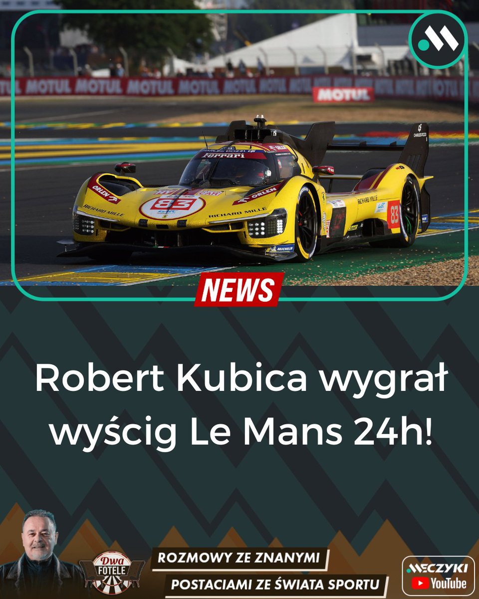 Robert Kubica triumfatorem ikonicznego Le Mans 24h‼️

Wyścig wygrała ekipa AF Corse #83 w składzie Robert Kubica, Phil Hanson, Yifei Ye 💥

Brawo, brawo, brawo 🇵🇱