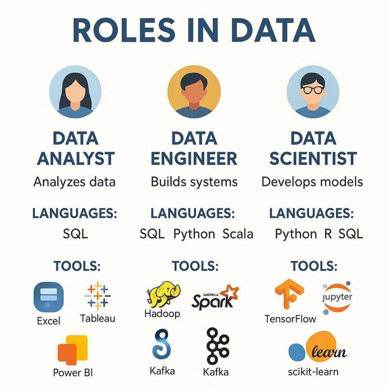 الصورة هذه تلخص باختصار الفرق بين أدوار عالم البيانات، مهندس البيانات، ومحلل البيانات. لكل دور أدواته ولغاته الخاصة وكل واحد فيهم يكمل الثاني مرة مفيدة لأي أحد حاب يدخل مجال البيانات!