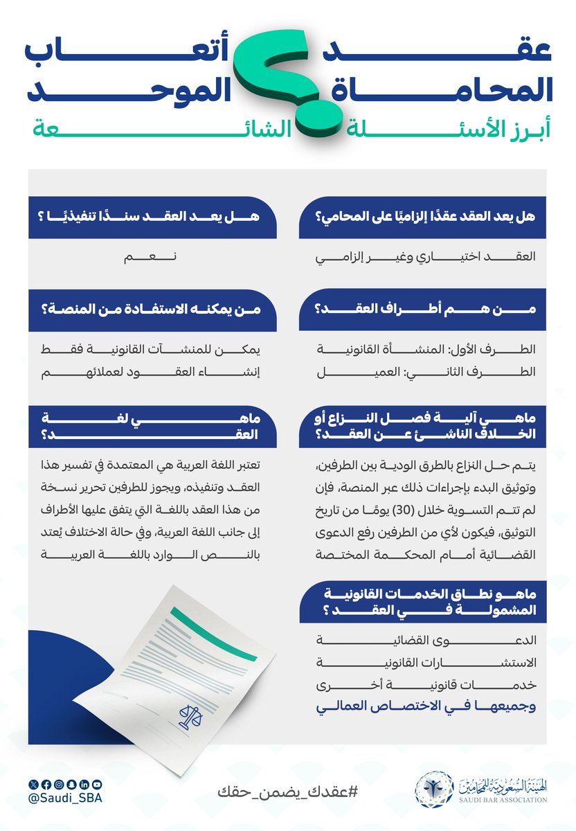 أسئلة شائعة حول عقد أتعاب المحاماة الموحد 📝

#عقدك_يضمن_حقك