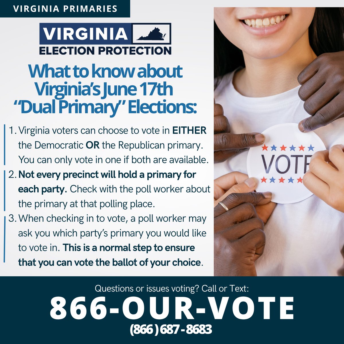 🗳️ Virginia’s Primary Election is Tuesday, June 17!
📍 Find your polling place: 866ourvote.org/state/virginia
☎️ Questions or problems voting? Call or text 866-OUR-VOTE (866-687-8683).
