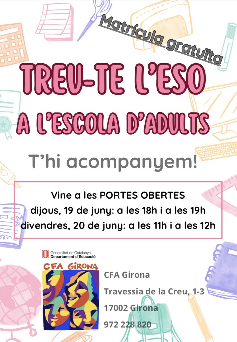 CFA Girona (@cfagirona) on Twitter photo Vols treure’t l’#ESO? Vine a la nostra escola d’adults pública <a href="/CfaGirona/">CFA Girona</a>, t’hi acompanyem! Portes obertes el 19 i 20 de juny. Consulta la nostra pàgina web: cfagirona.cat #CFAGirona #FormacióAdults Vols treure’t l’#ESO? Vine a la nostra escola d’adults pública <a href="/CfaGirona/">CFA Girona</a>, t’hi acompanyem! Portes obertes el 19 i 20 de juny. Consulta la nostra pàgina web: cfagirona.cat #CFAGirona #FormacióAdults