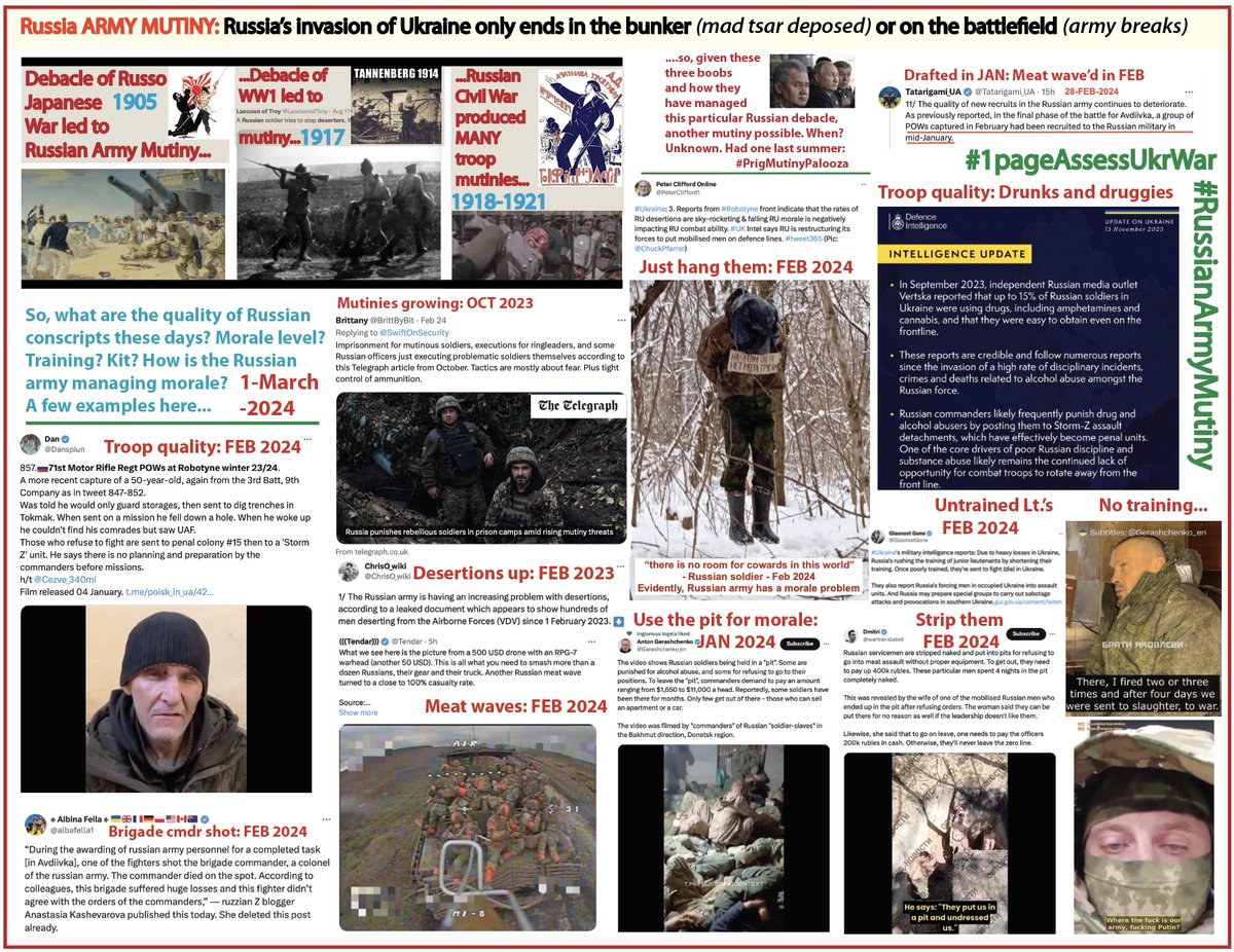 HerrDr8's tweet photo. #RussianArmyMutiny #1pageAssessUkraineWar #UkraineRussiaWar #RussianArmy #Ukraine
Good news from @RFUEnglish regarding #Kupyansk / #Lyman front:
https://t.co/iqx5vE5ZKu
As has been the case since FEB 24, 2022, the war only ends if:
1) Russian army mutiny
2) Putin deposed
3) Ukraine conquered
#3 is not going to happen; despite election of Useful Idiot NOV 5, 2024.
Related charts on mutiny context and Kupyansk front below. I need to update the mutiny chart; been some developments on that thread as the vid from @RFUEnglish indicates.