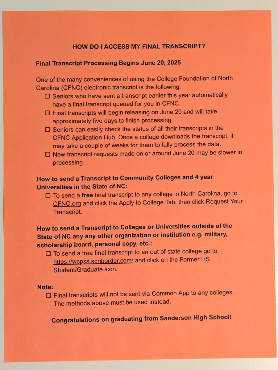 Class of 2025: Final transcripts will be available to be sent starting on June 20. Students will be responsible for sending their final transcript to where needed. Instructions are with the diploma (salmon colored paper) and posted on the SHS website. wcpss.net/Page/46774