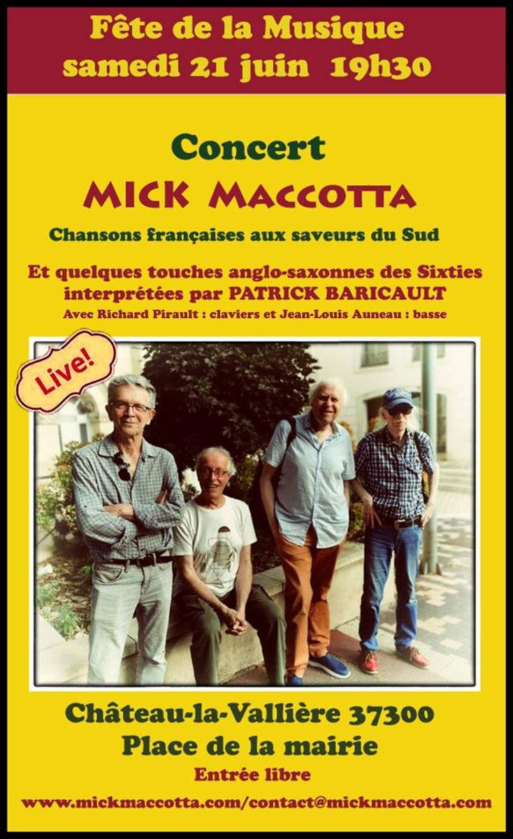 Baricault's tweet photo. Samedi 21 juin 2025, Mick Maccotta &amp; Patrick Baricault en concert à Château-la-Vallière 37-Fr (parc de la mairie) 19h.30 https://t.co/mW7yFiRUhY