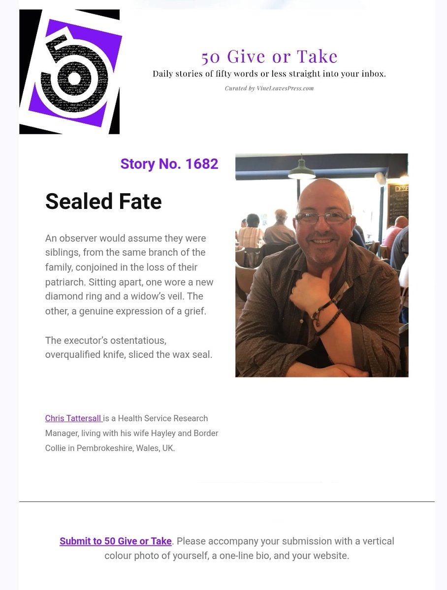 FusilliW's tweet image. Second publication of the month.
Thanks to Vine Leaves Press.
fusilliwriting.com/blog/
#creativewriting #microfiction #writingcommunity #flashfiction