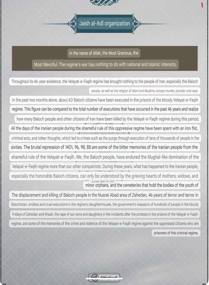 ThomasVLinge's tweet image. #Iran: the Baloch rebel group Jaysh al-Adl has joined the calls for a national uprising following the Israeli strikes.

"It is God's will that a basis has been provided to us, the people of Iran, to make best use of this vacuum to liberate ourselves."