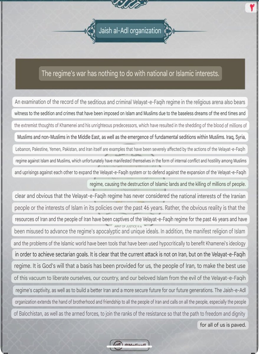 ThomasVLinge's tweet image. #Iran: the Baloch rebel group Jaysh al-Adl has joined the calls for a national uprising following the Israeli strikes.

"It is God's will that a basis has been provided to us, the people of Iran, to make best use of this vacuum to liberate ourselves."