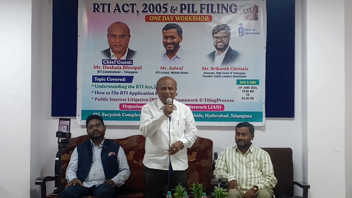 ProfRamky's tweet photo. Got an opportunity to preside over a one-day workshop on 'RTI Act &amp; PIL Filing' as the Convener. The event was organized by Justice Access Network (JAN), Hyderabad, at Suryalok Complex, Abids, Hyderabad, Telangana, India, on 15-06-2025. https://t.co/LBZq6Tv9fX