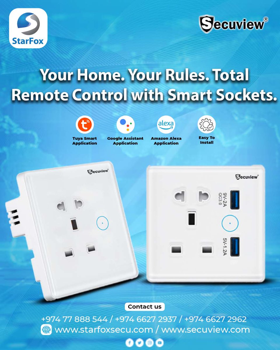 StarfoxSystem's tweet image. Your Home, Your Rules, Control Every Plug Remotely, Smart, Safe, Seamless.
Sales Dept.: +974 77888544 / +974 66272962
Showroom: +974 66272937
Website: starfoxsecu.com / secuview.com
#SmartSocket #SmartPlug #HomeAutomation #SmartHome #TechLife #Secuview #Smart