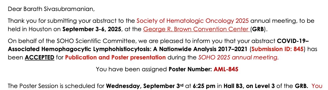 Excited to attend the upcoming #SOHO session in #Houston. I will be presenting my work on #HLH on September 3rd. Thankful to my mentors, Dr. Guddati Kumar and Dr. Gagan Kumar, for supporting me in this endeavor.
