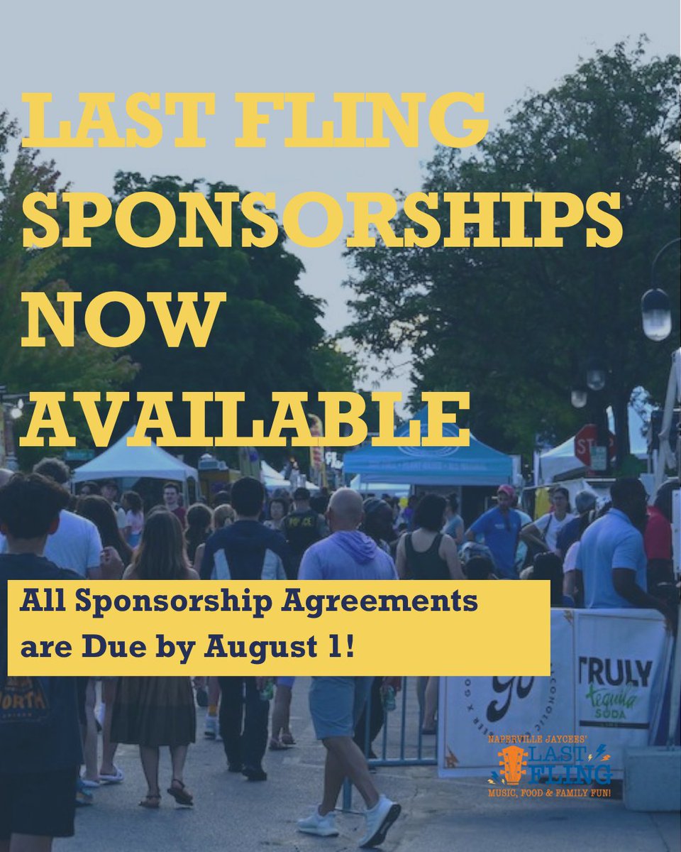 📢 Attention Local Businesses! 📢

Be part of Naperville's biggest end-of-summer event from 8/29 to 9/1! The Last Fling is a fantastic party AND a fundraiser for local non-profits.

lastfling.org/sponsorship 

Sponsorship deadline is August 1!

#NapervilleJaycees #SupportLocal
