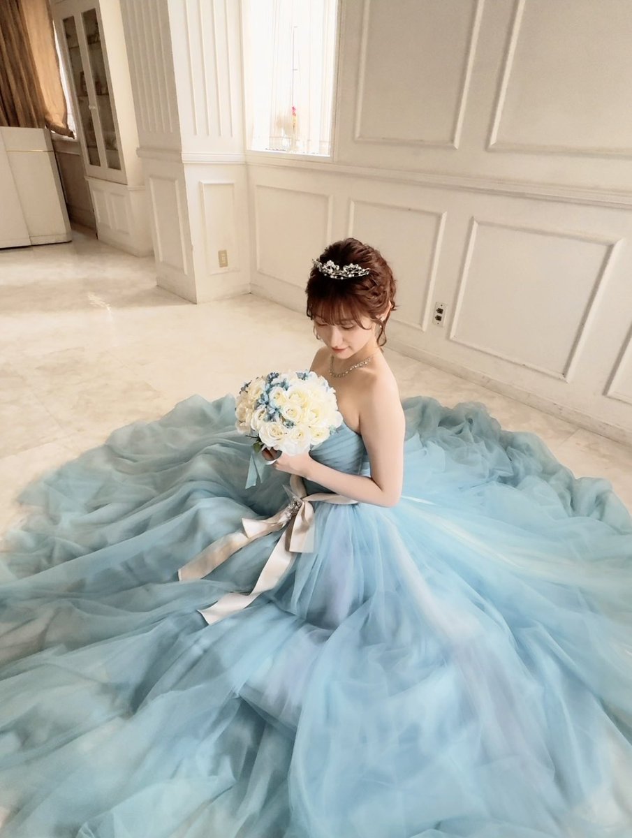 【美品】ANNABELLE オーロラオーガンジー　ブルー　フレアドレス オーロラジャガードオーガンジーブルーパープルドレス