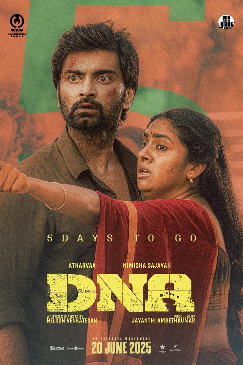 Anand &amp; Divya ♥️

Two souls on the sides of the same coin bring more life with #DNAMovie hitting theatres on June 20th 🔥🧬

Just 5 Days To Go !!

Starring : <a href="/Atharvaamurali/">Atharvaa</a> &amp; #NimishaSajayan

Written &amp; directed by #NelsonVenkatesan 
Produced by <a href="/Olympiamovis/">Olympia Movies</a> @Ambethkumarmla