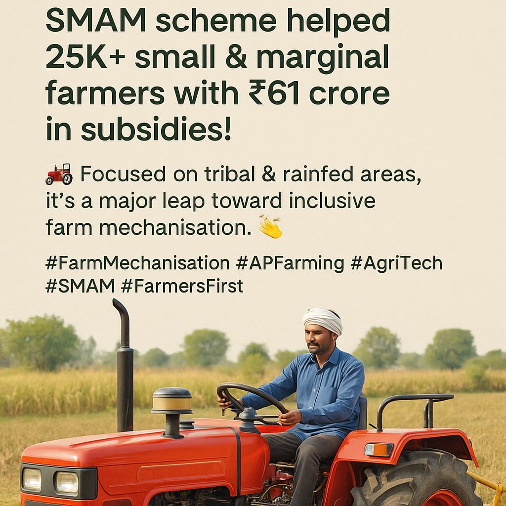 VIF_Global's tweet image. 🌾 In just 45 days, Andhra Pradesh's SMAM scheme helped 25K+ small &amp;amp; marginal farmers with ₹61 crore in subsidies! 🚜 Focused on tribal &amp;amp; rainfed areas, it’s a major leap toward inclusive farm mechanisation. 👏 

#FarmMechanisation #APFarming #AgriTech #SMAM #FarmersFirst