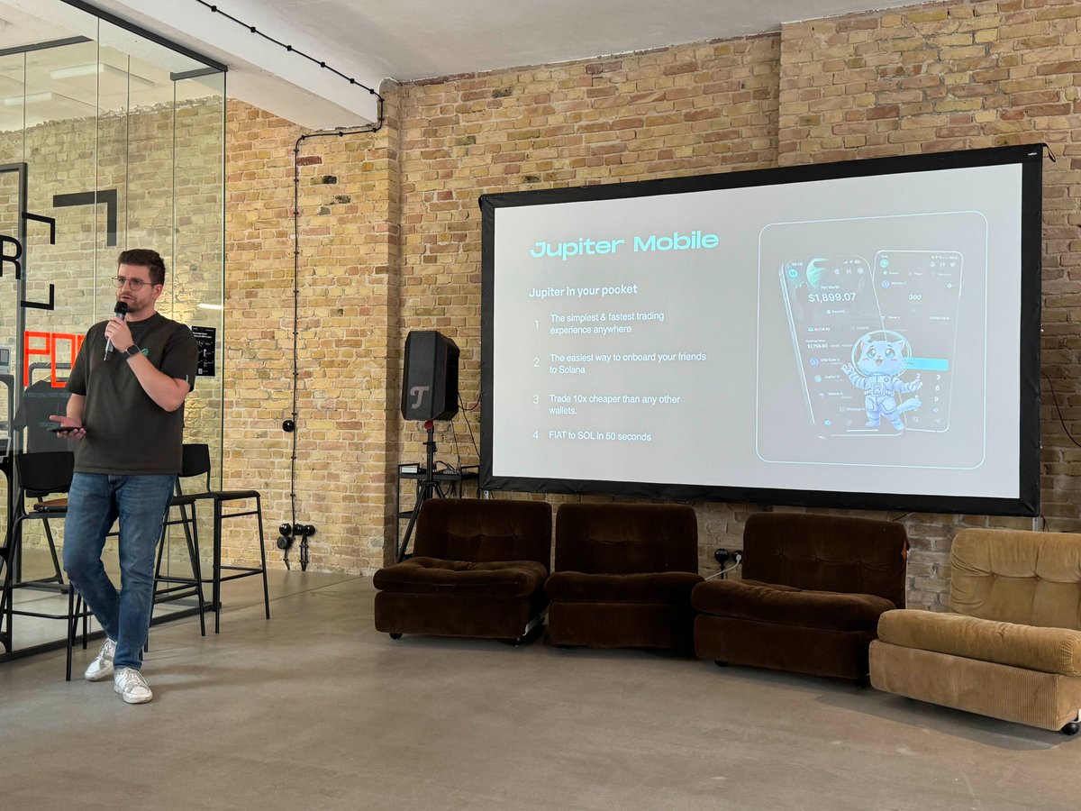 Great vibes, amazing atmosphere and many talented people building on <a href="/solana/">Solana</a>.

Today we had the chance to talk about <a href="/JupiterExchange/">Jupiter</a> and <a href="/JupDevRel/">Jupiter Developer Platform</a> at the Solana startup village in Berlin. 

For everyone who doesnt know how Jupiter Integrations work, we are here to help you and