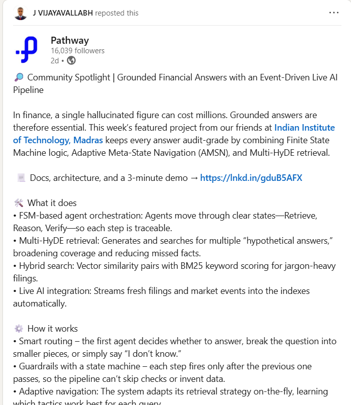 From building Dynamic Agentic RAG using Pathway for Inter IIT Tech Meet 13.0, and our solution featured in <a href="/pathway_com/">Pathway (www.pathway.com)</a>'s LinkedIn page, one of the most underrated steps businesses and agencies miss out on in a RAG pipeline is the eval system.
linkedin.com/feed/update/ur…