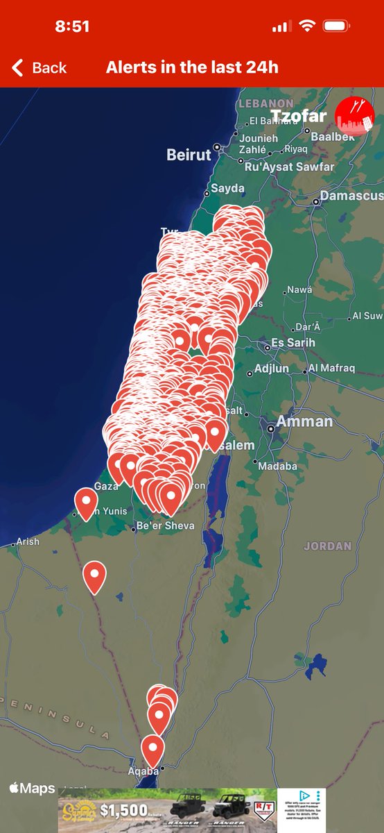 DSIronically's tweet image. Red alerts in Israel in the last 24 hours via Tzofar.