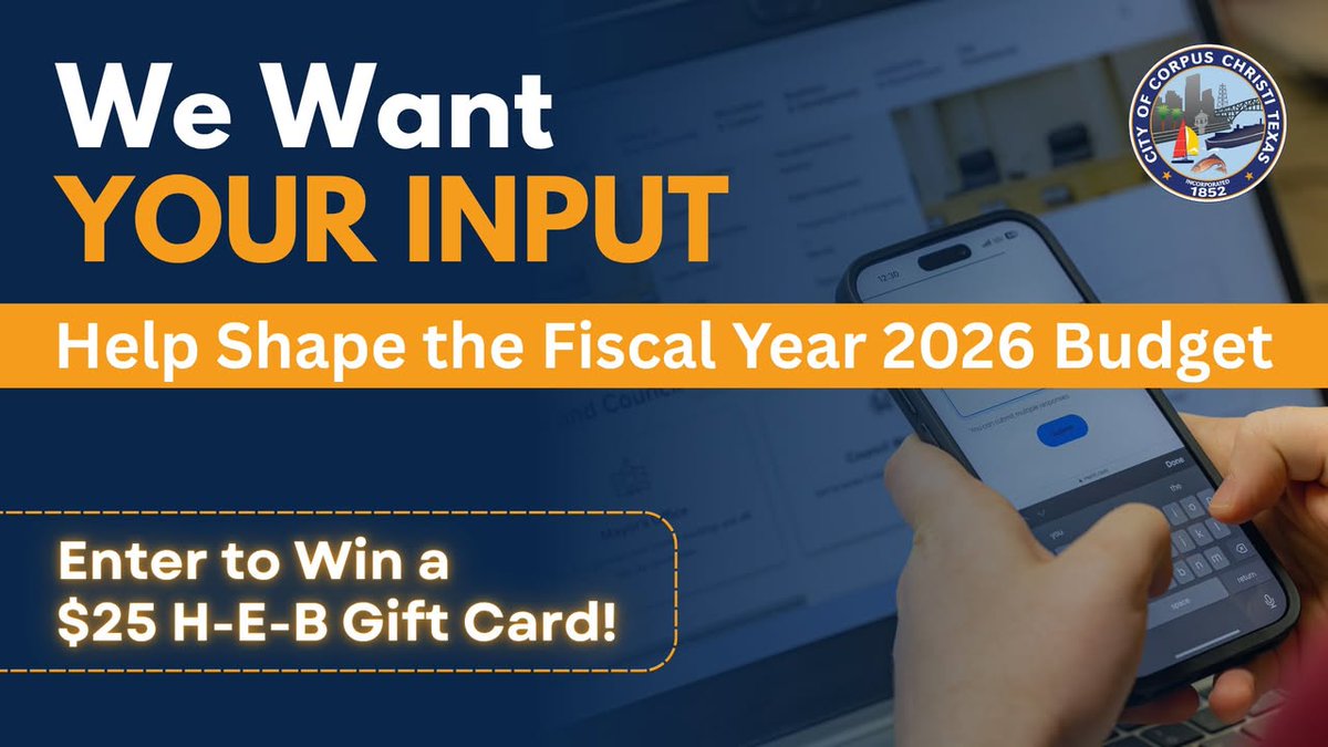 🚨 Attention, Corpus Christi🚨
We want your input on the Fiscal Year 2026 Budget. Take a quick community-wide survey and share how you would prioritize City services and help balance the General Fund.
 
Your voice helps shape the future of our community, and as a thank you,