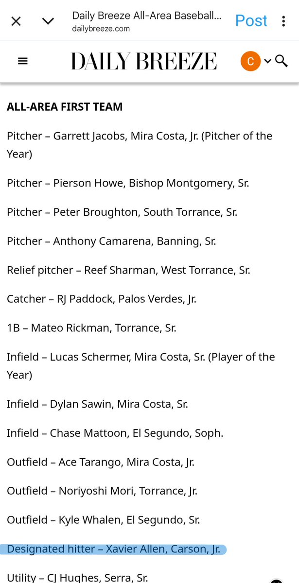 🙏🏾Thank you Daily Breeze for the All-Area First Team selection and congrats to my teammates! ⚾<a href="/Carson_ColtsBB/">Carson Baseball</a>