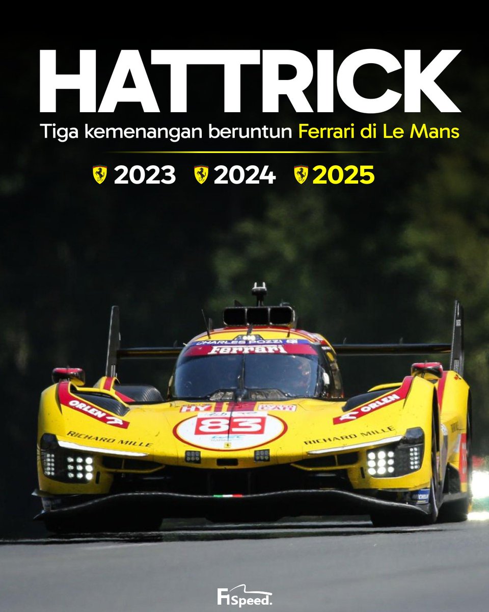 🚨 FERRARI HATTRICK LE MANS 24 JAM!

#83 Ferrari yang dikemudikan oleh Robert Kubica, Yifei Ye, dan Philip Hanson, sukses keluar sebagai pemenang balap Le Mans 24 Jam.

Ini kemenangan ketiga Ferrari secara beruntun di event balap ketahanan legendaris tersebut. Luar biasanya lagi,