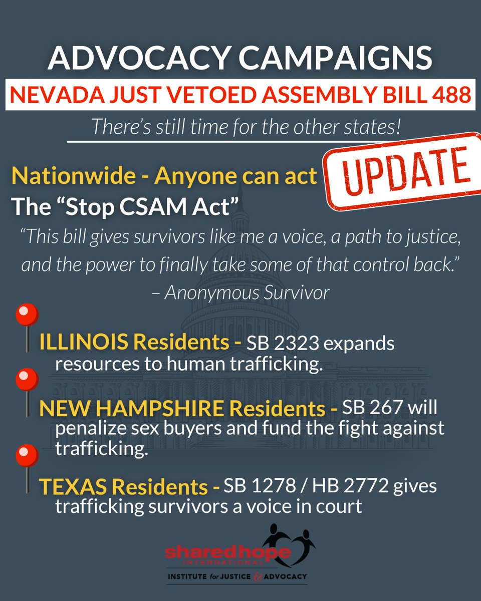 Nevada vetoed Assembly Bill 488. This means survivors in Nevada will continue to face criminal penalties instead of getting help. There's still time to act in other states! Bills are moving forward RIGHT NOW, and they need your voice before it's too late. act.sharedhope.org/actioncenter