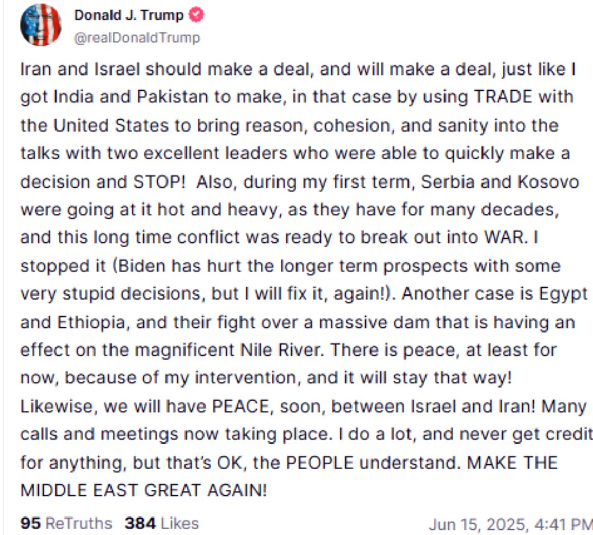 چلیں! صدر ٹرمپ کہہ رہے ہیں وہ بھارت اور پاکستان کی طرح ایران اور اسرائیل کے درمیان بھی جنگ بندی کروانے والے ہیں۔