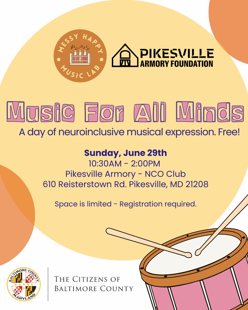 🥁 Team BCPS families are invited to join us on Sunday, June 29, for Music for all Minds, a creative, collaborative day of fun where every child can be a musician!
Register now at transformpikesvillearmory.org/musicforallmin…