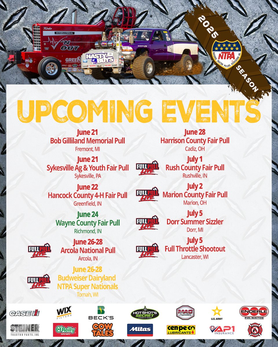 NTPApull's tweet image. We have lots of events coming up! 🎉 Make sure you tune into FullPull.live to catch some of our live-streamed events! 📺
#upcomingevents #pullingevents #fullpull