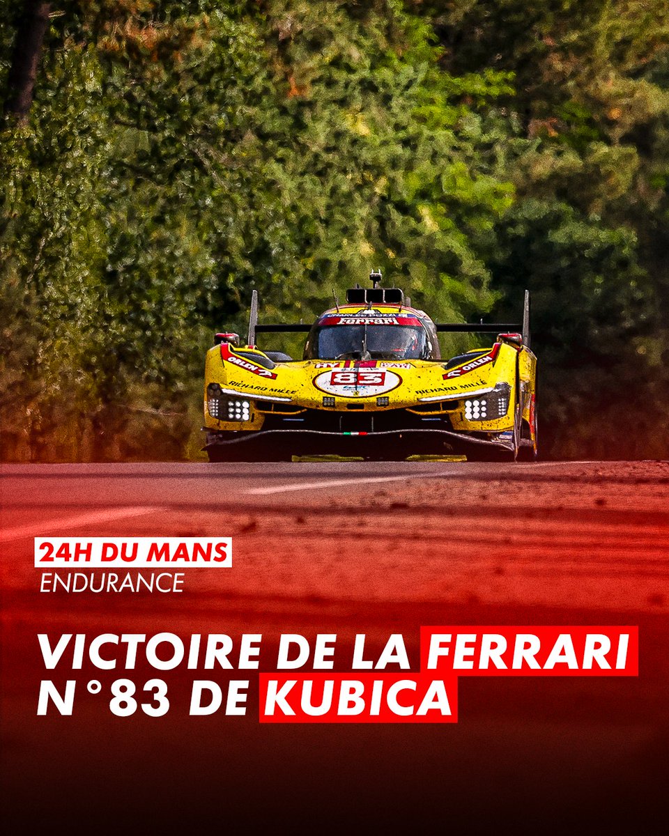 🚨 3e victoire consécutive d’une Ferrari aux 24 Heures du Mans !

Au terme d’une longue bataille entre 3 Ferrari et une Porsche, l’AF Corse n°83 pilotée par Robert Kubica, Phil Hanson et Yifei Ye s’impose devant la Porsche n°6 et la Ferrari n°51 !
