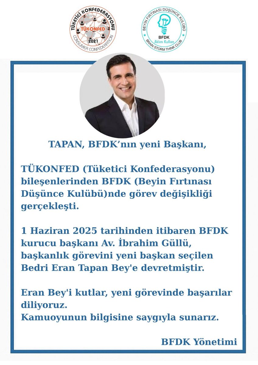 BFDK da görev değişikliği. Yeni Başkan Tapan. 
<a href="/aydinagaoglu/">Aydın Ağaoğlu (DM KAPALI)</a> <a href="/avibrahimgullu/">Av. İbrahim Güllü</a> <a href="/erantapan/">Eran Tapan</a> <a href="/betulgulbahar88/">Betul Gulbahar</a> <a href="/zafermuratt/">Zafer Murat Çetintaş</a> <a href="/Turusan_Bagci/">Turusan Bağcı</a> #sondakika #bfdk
