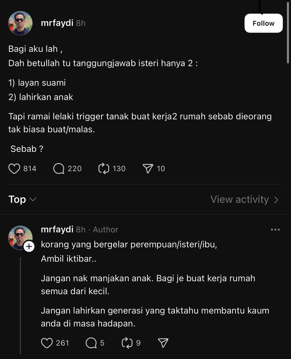 Sokong brader ni apa dia kata 

Tugas isteri hanya layan suami &amp; melahirkan anak sahaja. Lain2 laki kene buat yang lain-lain tu insan bini je.