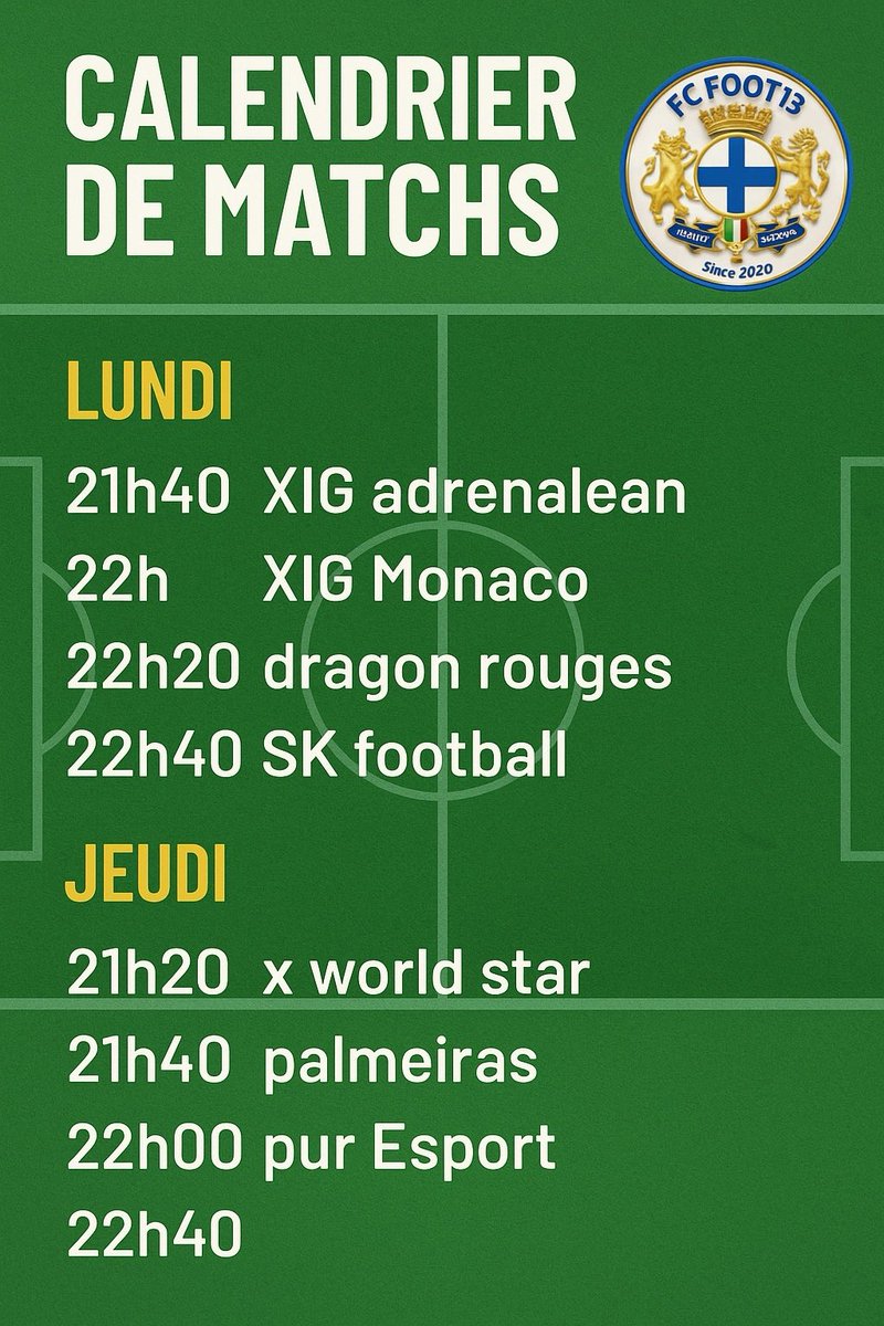 FC FOOT13 (@fc_foot13) on Twitter photo Demain à lieu le début de la Summer <a href="/TheDream_SMG/">Santa Major Games</a> .
Voici notre programme bonne chance à tous Demain à lieu le début de la Summer <a href="/TheDream_SMG/">Santa Major Games</a> .
Voici notre programme bonne chance à tous
