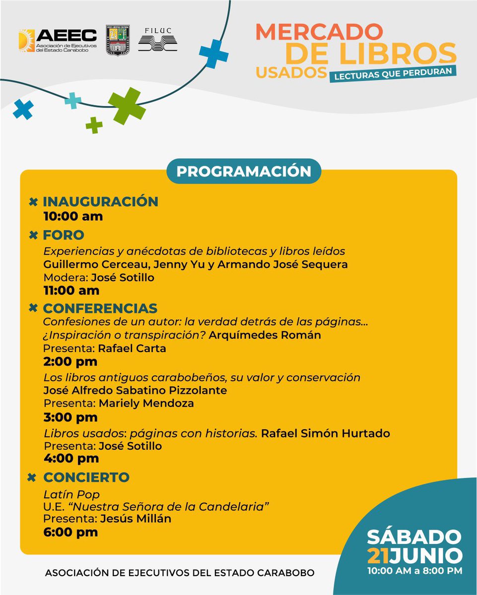 ¡Vuelve el Mercado de Libros Usados #HaciaFiluc2025!🚌📚“Lecturas que perduran”

Nos vemos el sábado 21 de junio, de 10 am a 8 pm en la <a href="/aeecoficial/">Asociación de Ejecutivos del estado Carabobo</a> ☀️

Aprovecha esta oportunidad para el reencuentro con el libro, para disfrutar de actividades culturales y del área gastronómica✨