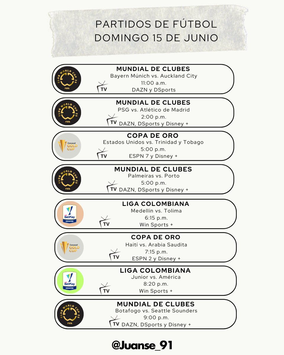 #FelizDiaDelPadre 

#FCBACFC 🇩🇪🇳🇿 abren la jornada del #MundialDeClubes2025 🇺🇸

Imperdible el #PSGAtleti 🇫🇷🇪🇸 y el #PalmeirasPorto 🇧🇷🇵🇹

#DIM 🔴🔵 busca la final 🆚 #Tolima 🐷

Y programación en la #CopaOro 🇺🇸

#FelizDomingo