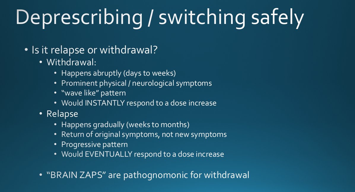 Psychiatric Pharmacology:

For a presentation I'm giving soon... is it withdrawal or relapse? a clinical conundrum that can generally be solved by knowledge of pharmacology: