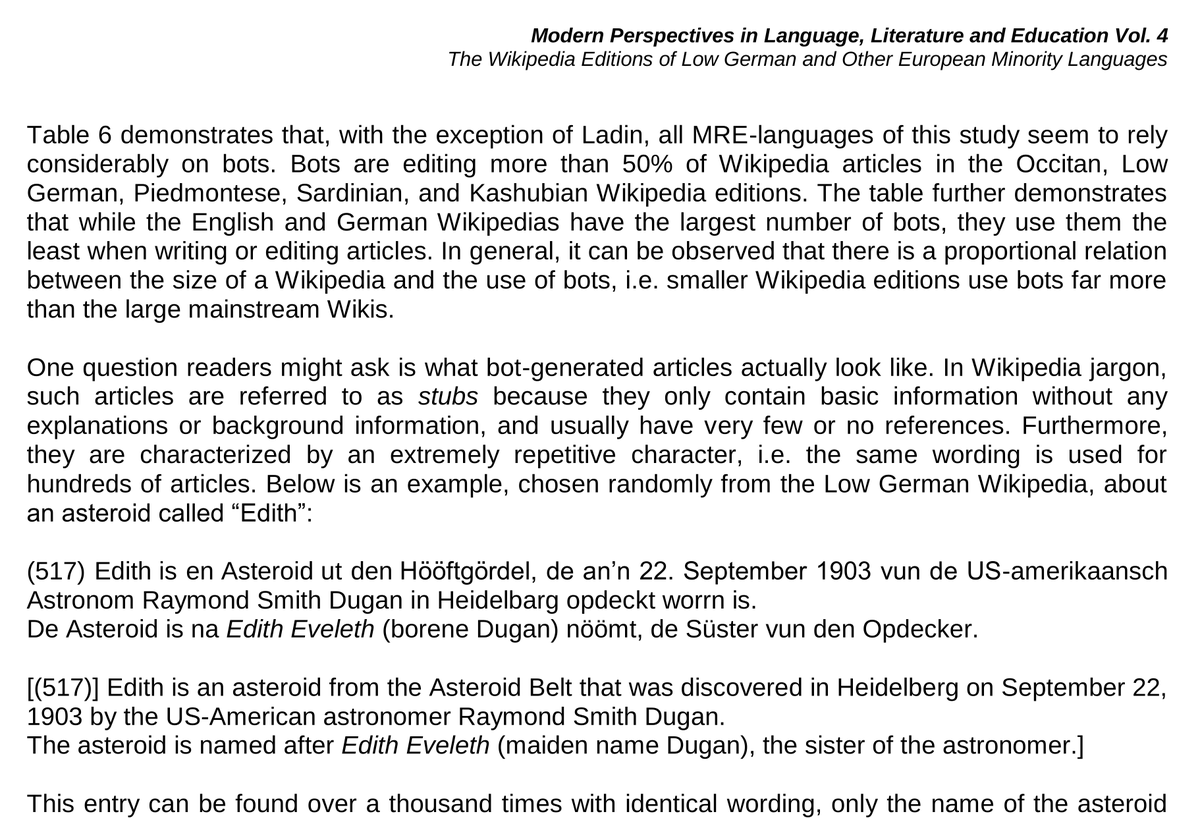 WikiResearch's tweet image. "The Wikipedia Editions of Low German and Other European Minority Languages" researchgate.net/profile/Carlos…
("Bots are editing more than 50% of Wikipedia articles in the Occitan, Low German, Piedmontese, Sardinian, and Kashubian Wikipedia editions.")
