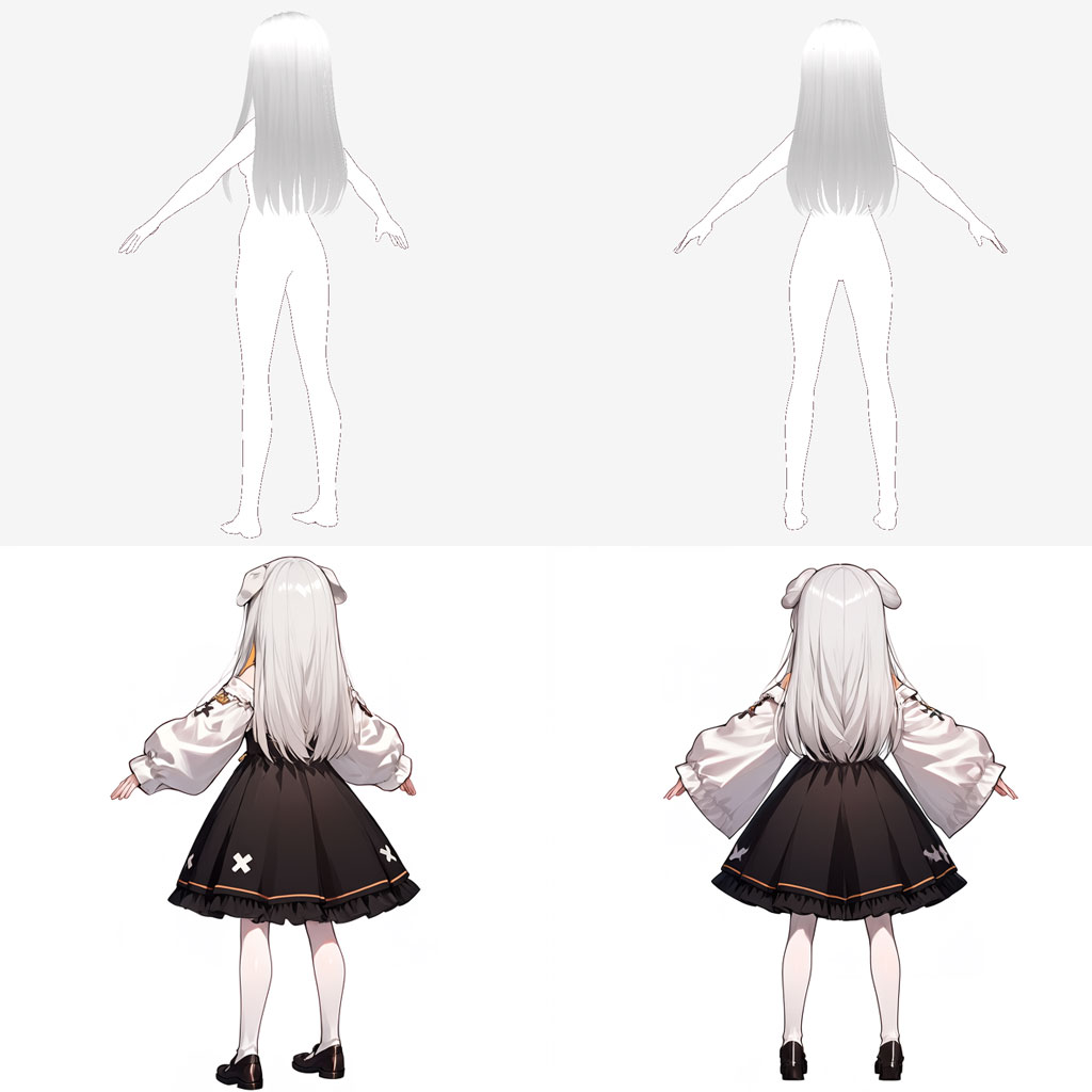 dodo_ria's tweet image. #FramePack を使って1枚絵しかないキャラの三面図を作るのが目的

1枚目：SDで出力した元絵
2枚目：SDのキャラクターシートLoRAでデザインした衣装

2枚目を参照画像にとりにくさんの素体変換LoRAで白ハゲVRMから変換

通常だと背面は無理だったんですが、カツラをかぶせることで背面も推論できました