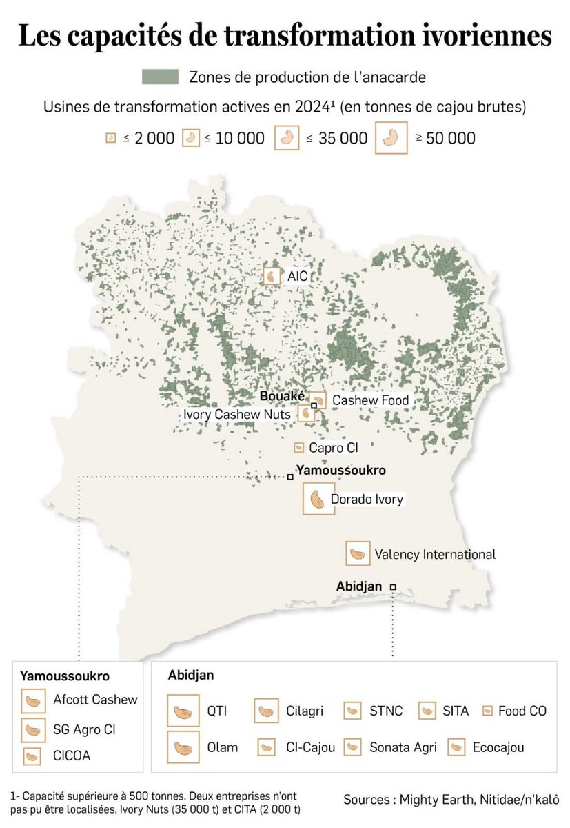 🇨🇮 Transformation Anacarde Les Unités industrielles majeures du secteur.
1. Dorado Ivory (Toumodi) :  
   - Capacité : 60 000 tonnes de noix brutes par an.  
2. Afcott Cashew Sarl (Loukoukro, Yamoussoukro) :  
   - Capacité : 20 000 tonnes par an initialement, avec un objectif de