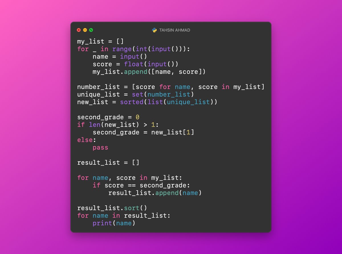 your_tahsinX's tweet image. 📚 Solved a fun one today:
 Find student(s) with the 2nd lowest grade from a list.

Nested lists ✅
Sorting ✅
Alphabetical filtering ✅

One problem a day keeps the bugs away 🐛
👨‍💻 Code: github.com/dev-tahsin7/10…
.
.
.
#Pytho #100DaysOfCode #CodingPractice #ProblemSolving